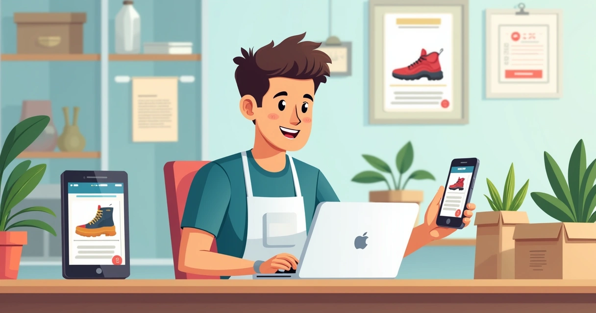 Loja usando notebook e celular para cadastrar produtos no catálogo digital 