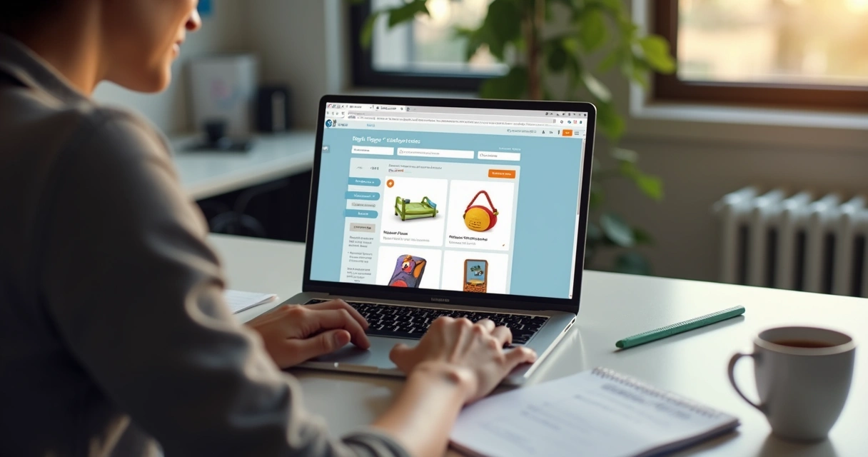 Pessoa cadastrando produtos em plataforma online pelo notebook 