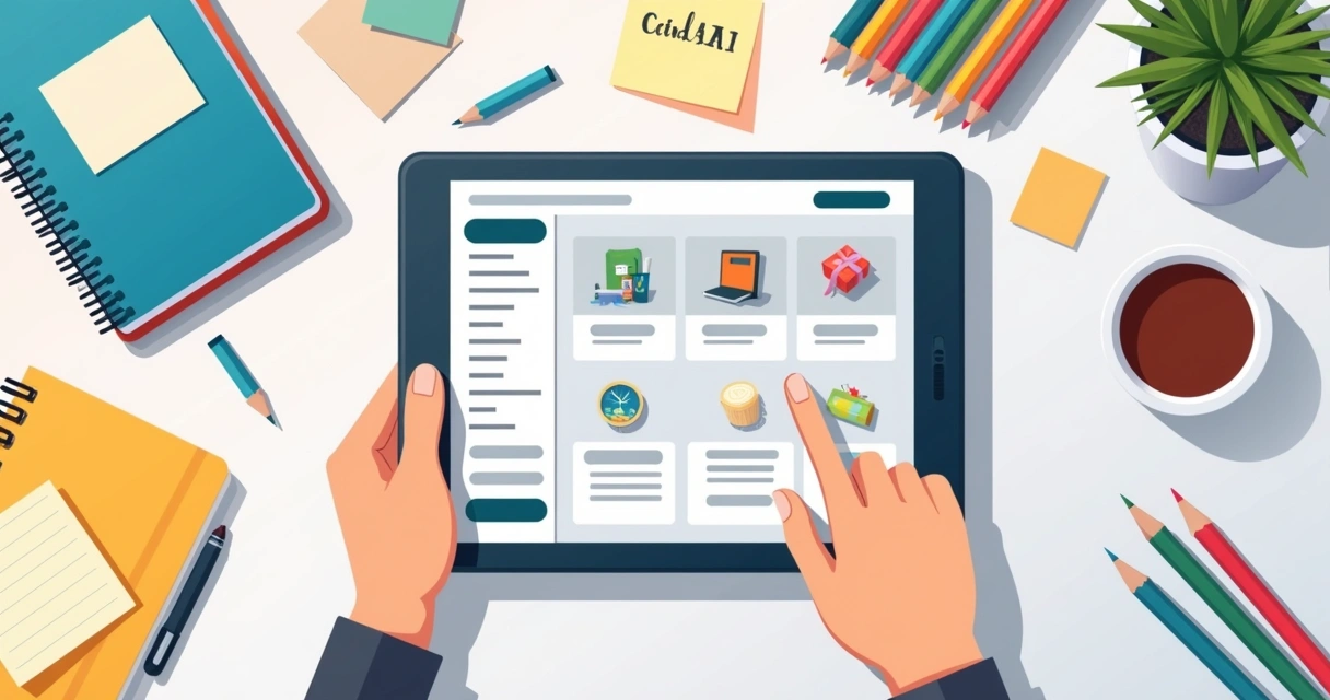 Funcionario cadastrando cadernos e lápis em catálogo digital de papelaria num tablet 