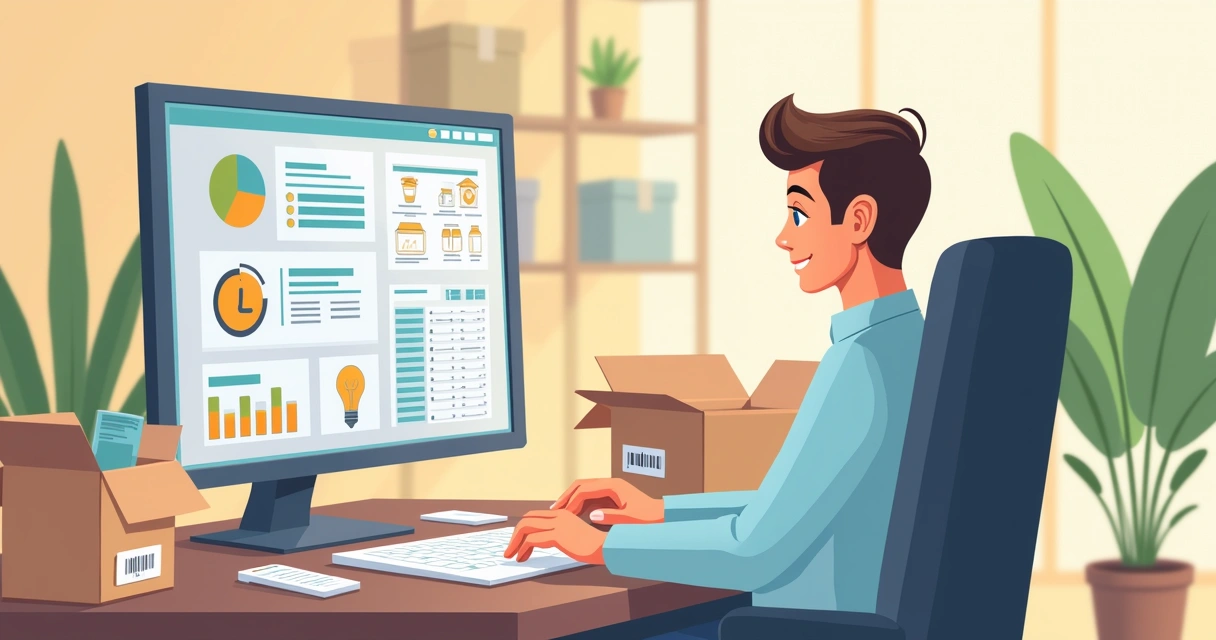 Profissional revisando cadastro de produtos e planilhas em computador