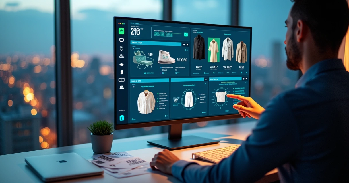 Gestor de varejo analisando painel digital de cadastro único de produtos 