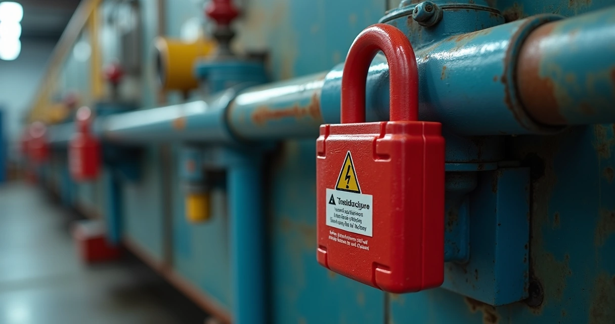 Cadeado de segurança vermelho com etiqueta em máquina industrial 