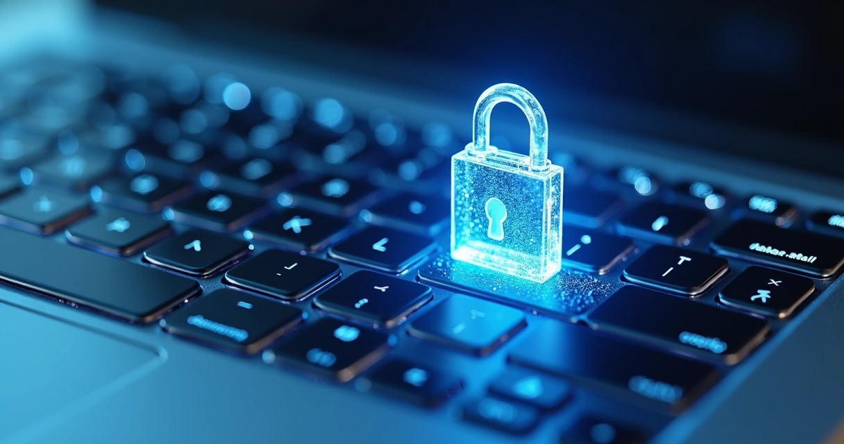 Modelo 3D de cadeado digital azul brilhante sobre teclado, simbolizando segurança online com certificado SSL 