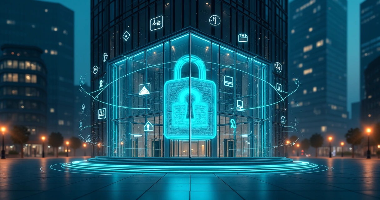 Cadeado digital transparente envolvendo prédio comercial moderno com símbolos de compliance 