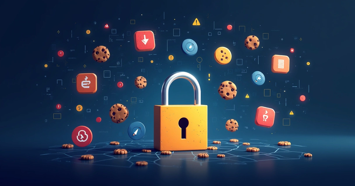 Cadeado aberto com diversos cookies de internet flutuando ao redor.