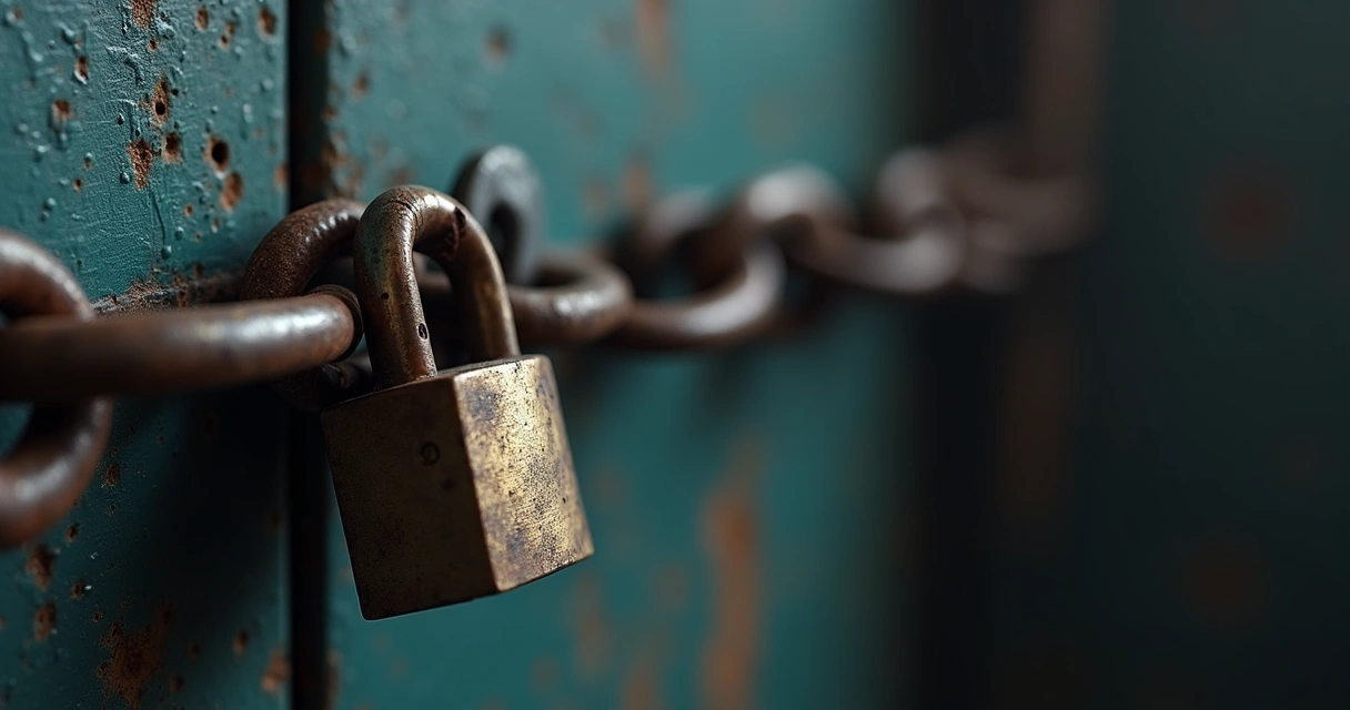 Corrente presa a um cadeado em ambiente escuro, representando bloqueio emocional 