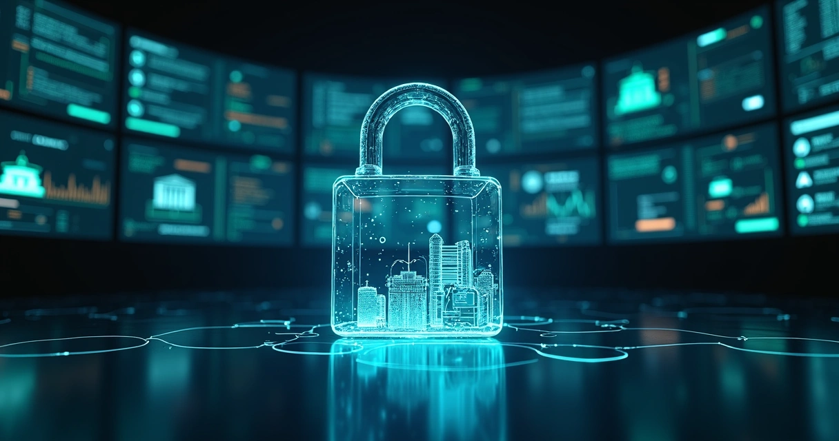 cadeado digital protegendo dados financeiros em painel com ícones de API e bancos 