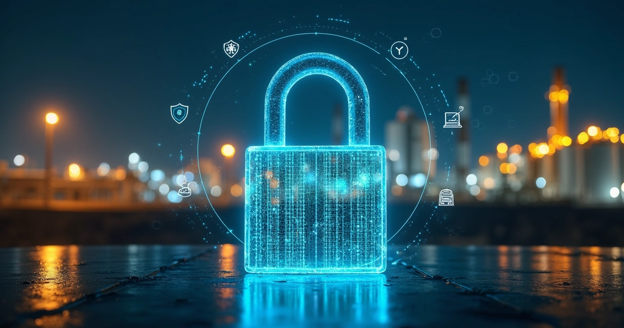 Cadeado digital iluminado protegendo dados de uma indústria ao fundo 