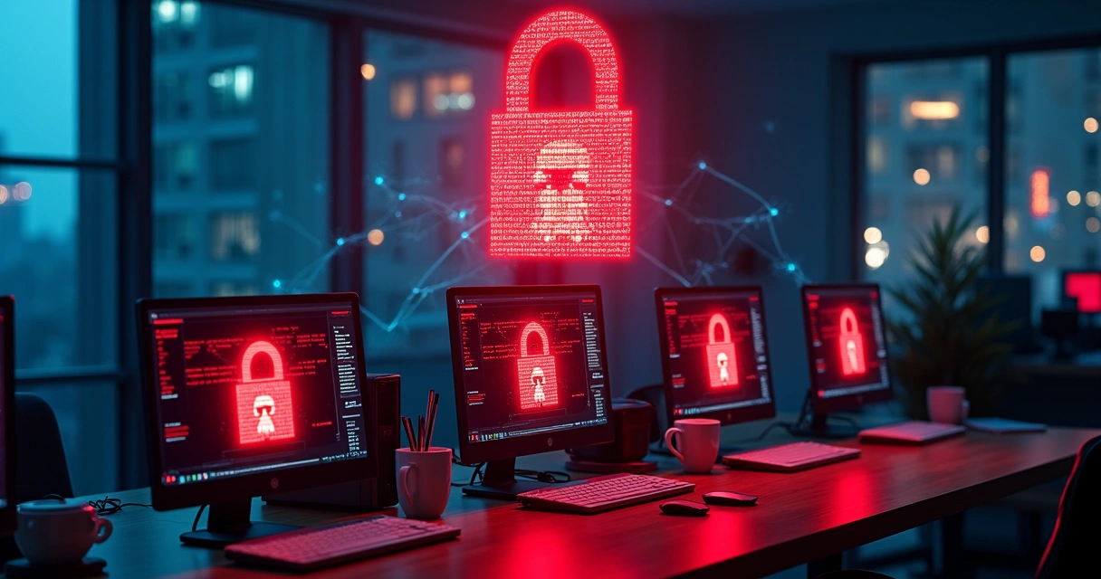 Cadeado digital vermelho bloqueando rede de computadores em pequeno escritório 