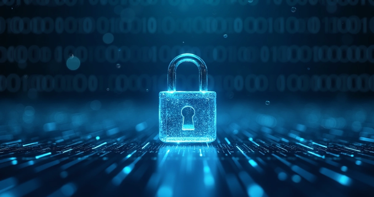 Cadeado digital transparente sobre fundo de código binário azul simbolizando segurança de dados pessoais 