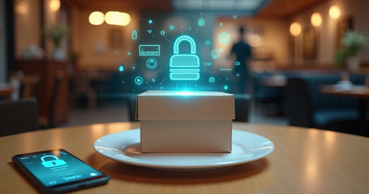 Prato de delivery com cadeado digital simbolizando proteção de dados 