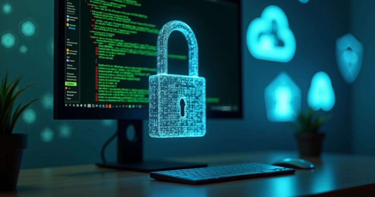 Cadeado digital flutuando em frente a tela de computador com números binários