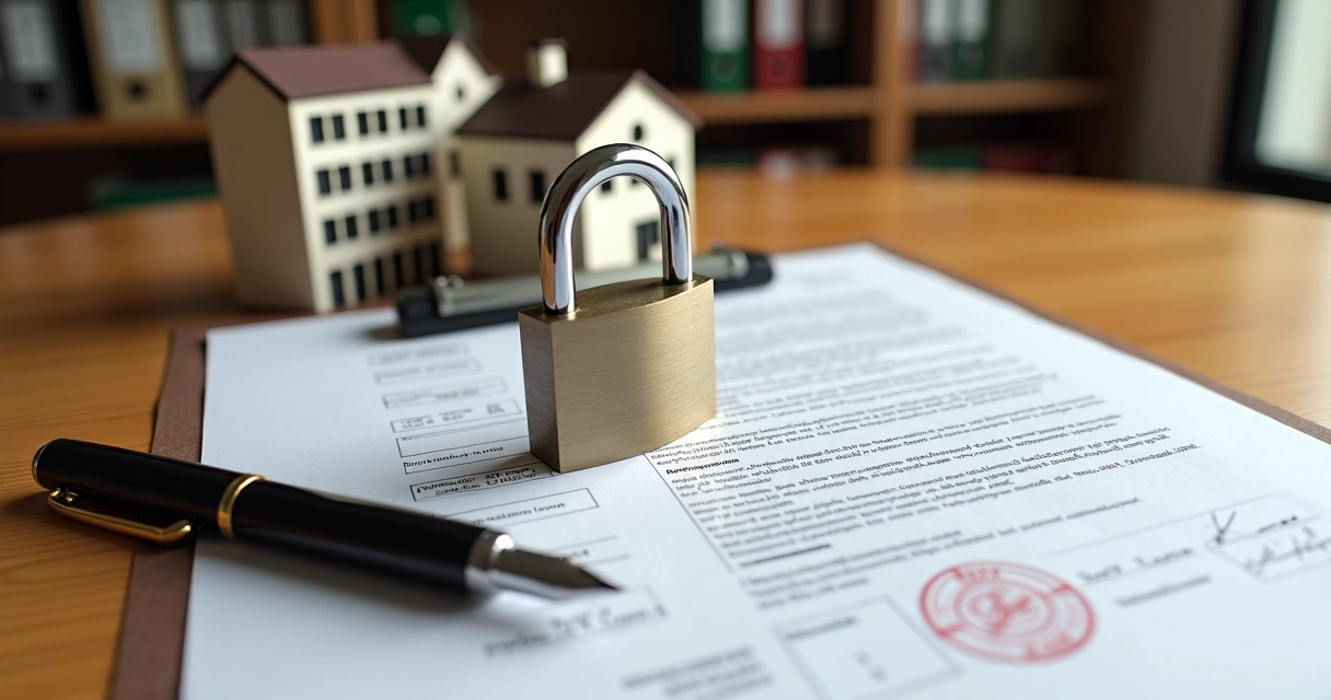 Cadeado metálico apoiado sobre documento de imóvel com carimbo 