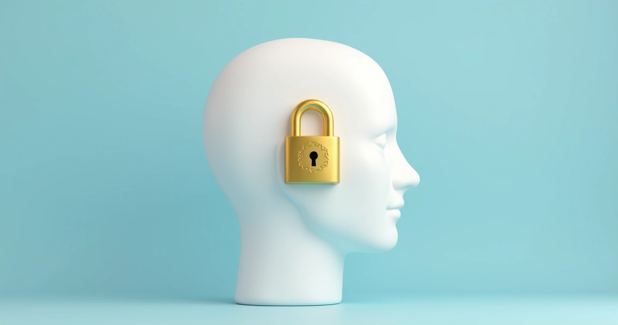 Ilustração de um cadeado dourado sobre cabeça humana estilizada, representando bloqueio mental.