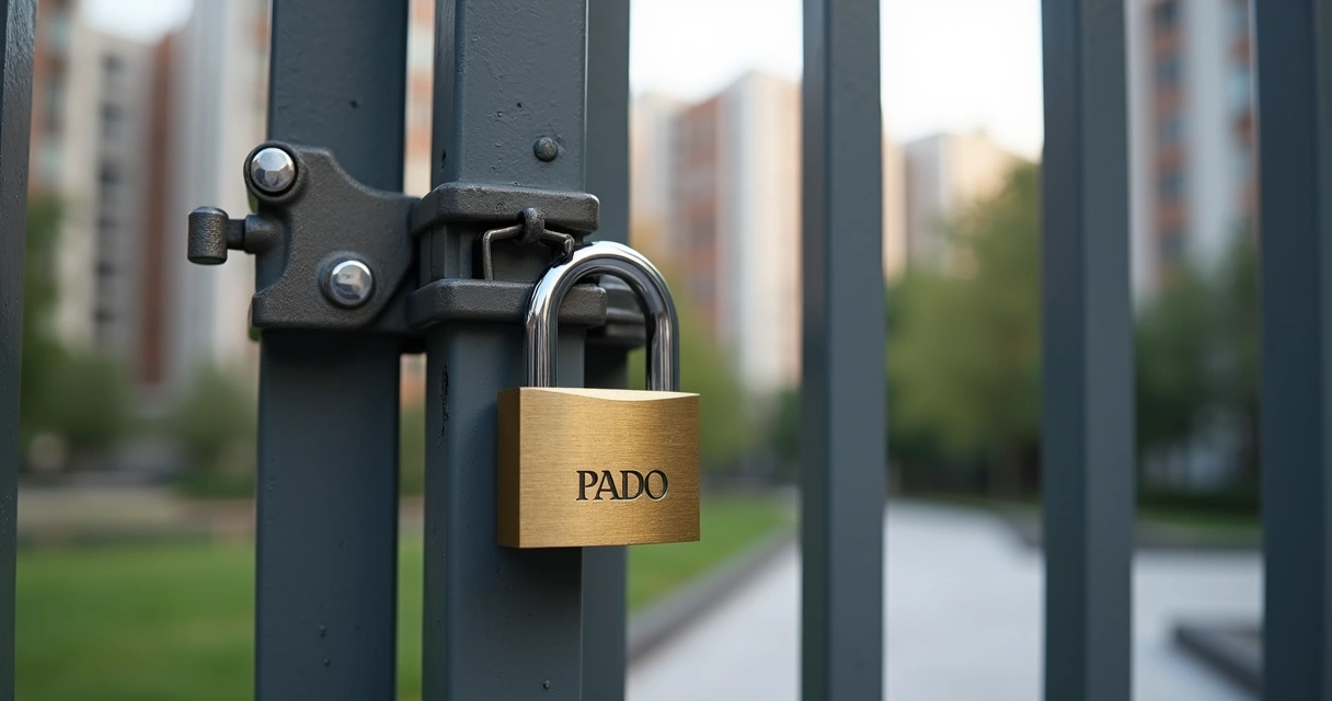 Cadeado Pado preso em portão metálico de área residencial 