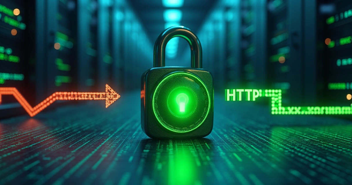 Cadeado verde em escudo digital ao lado de setas mostrando redirecionamento para HTTPS 