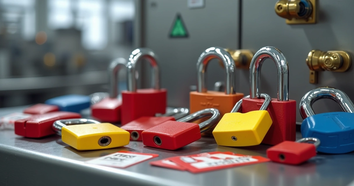 Cadeados coloridos e dispositivos LOTO em uma bancada 