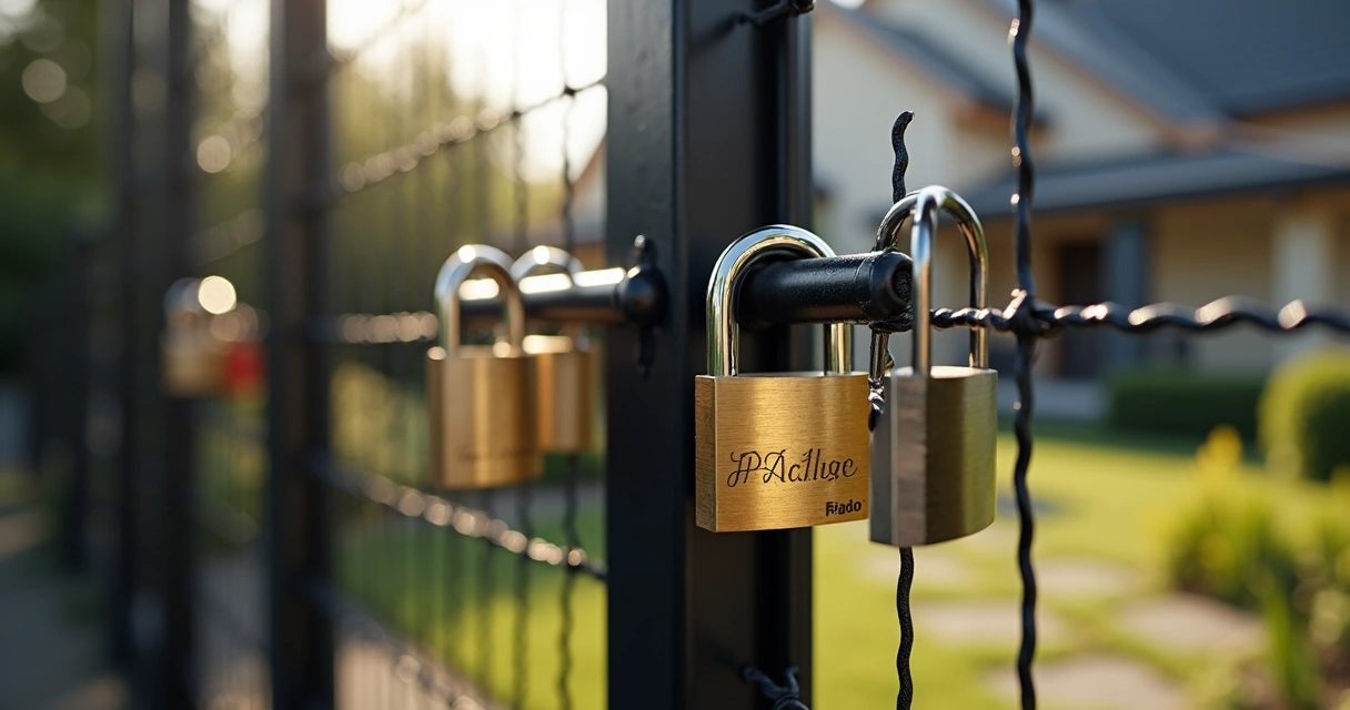Cadeados de latão e aço inox instalados em portão preto e cerca metálica 