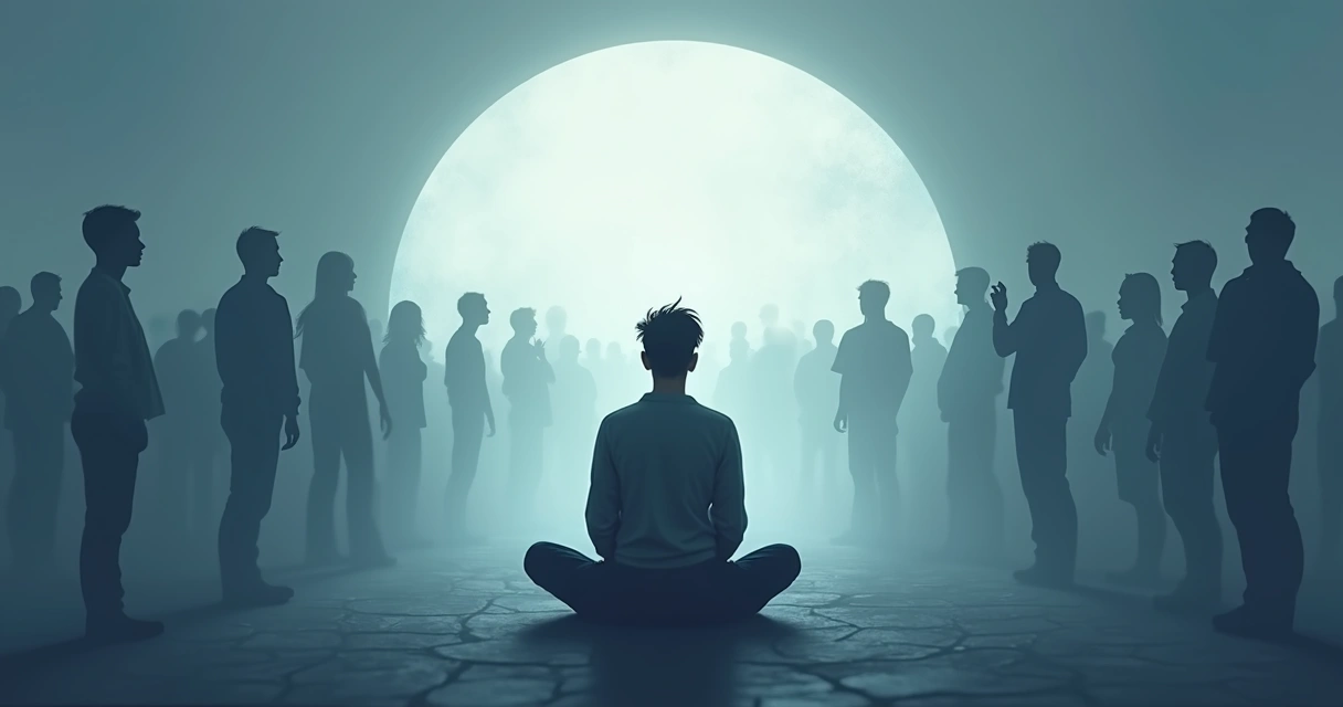 Pessoa sentada em círculo, refletindo, com silhuetas repetidas ao fundo 