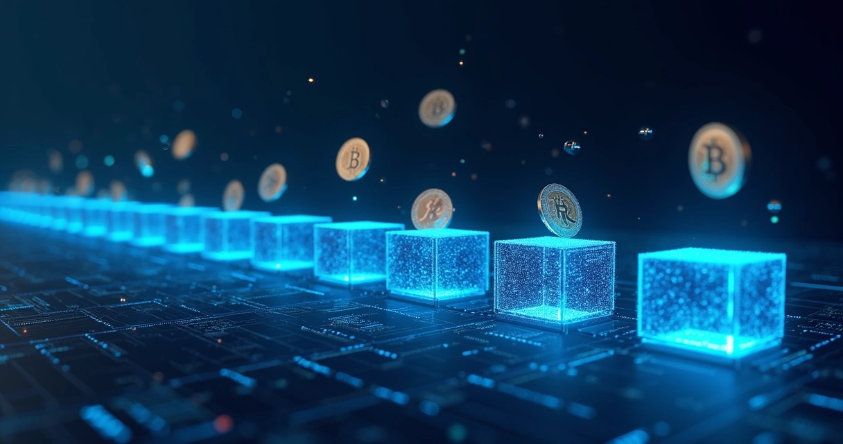 Ilustração de um bloco de blockchain digital e moedas digitais