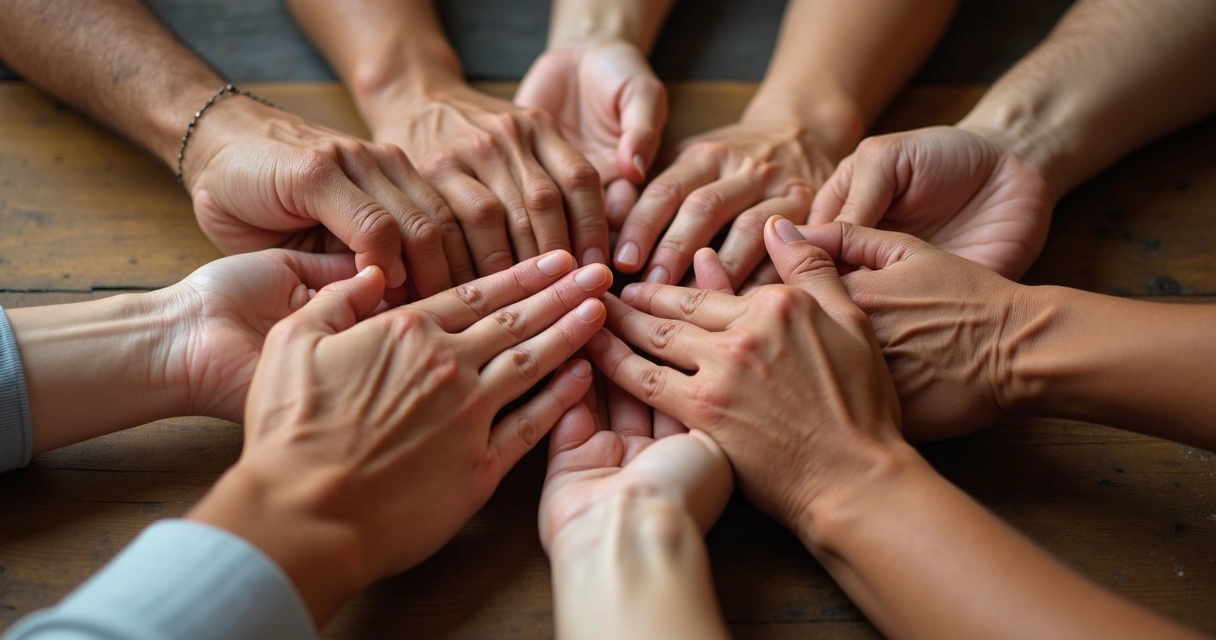 Corrente de mãos de pessoas de diferentes idades unidas formando um elo, simbolizando herança familiar 