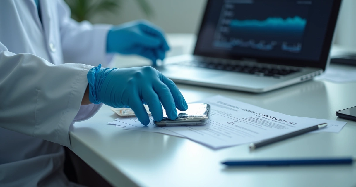 Mesa forense com celular lacrado, luvas e formulário de cadeia de custódia