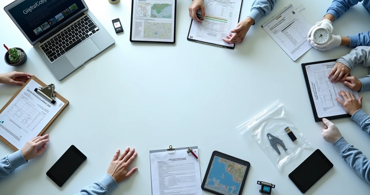 Mesa com provas digitais lacradas e relatório pericial ambiental 
