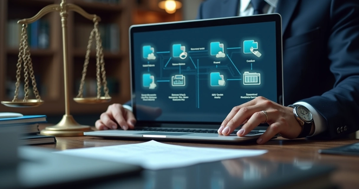 Advogado organizando documentos digitais com cadeia de custódia 