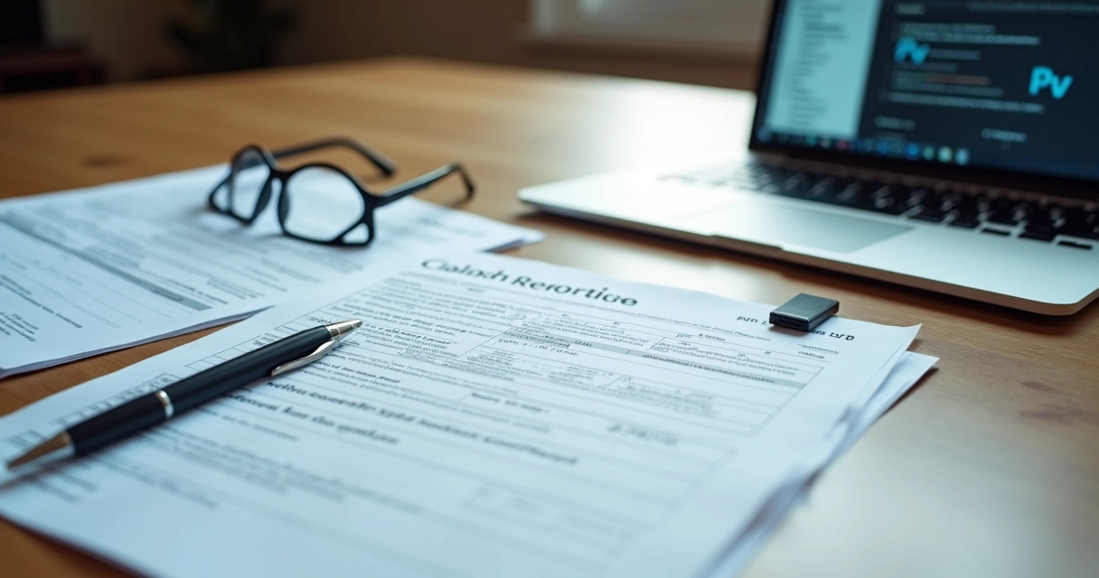 Documentos de cadeia de custódia digital e laudo pericial em mesa de escritório 