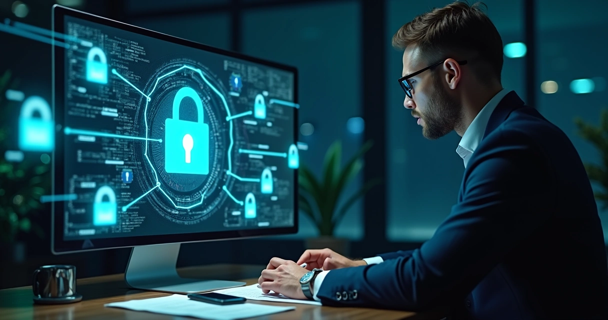 Advogado analisando evidências digitais em tela de computador com fundo de arquivos digitais e cadeado de segurança 