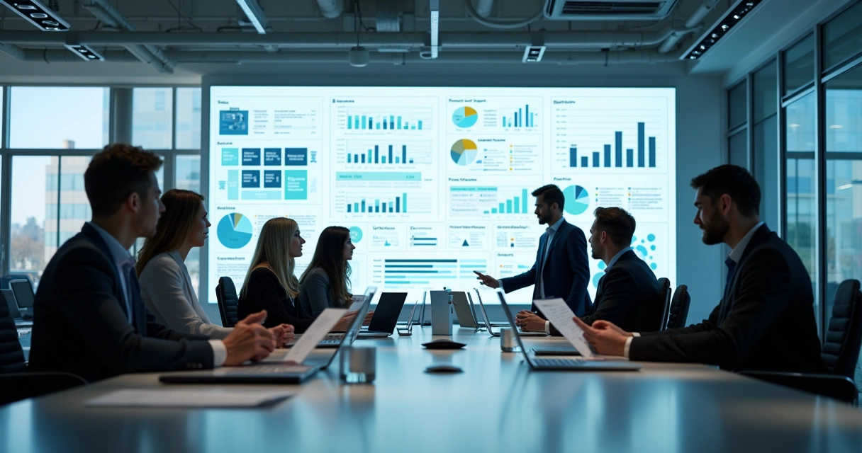 Equipe reunida discutindo integração de dados em um escritório moderno 