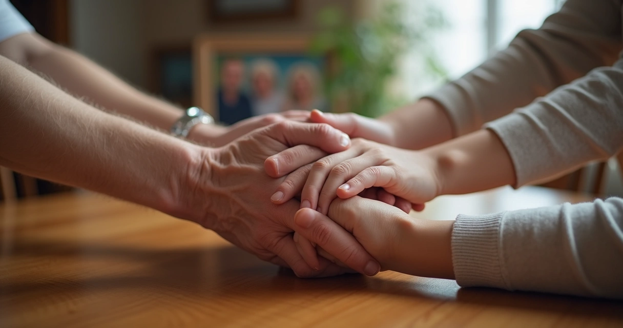 Mãos de diferentes idades segurando-se simbolizando conexão entre gerações 