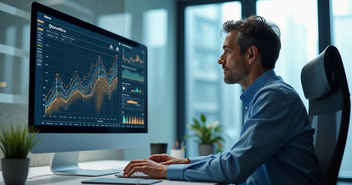 Gestor analisando cadeia de fornecedores em dashboard digital 