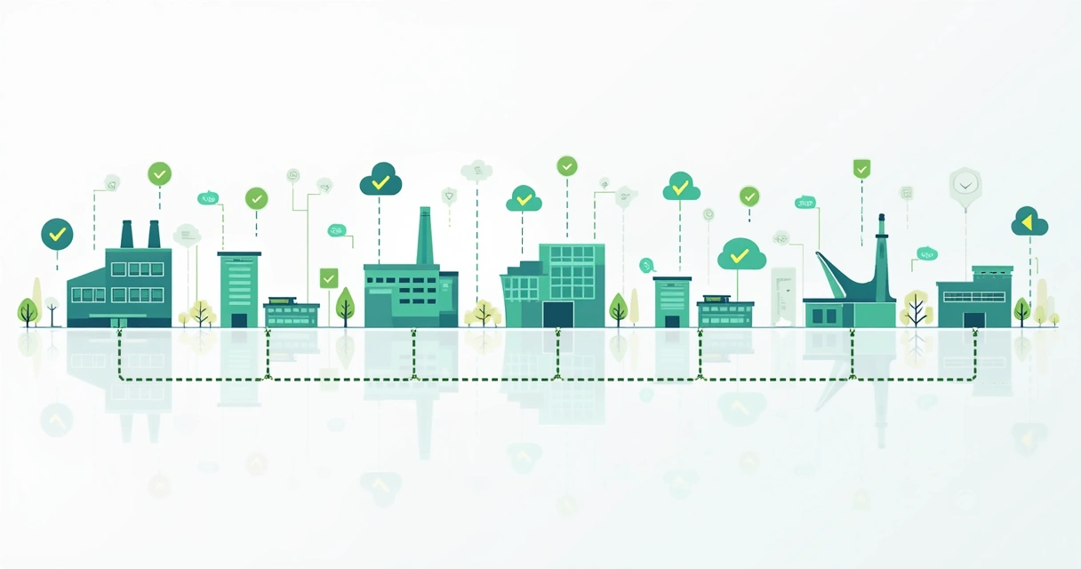 Cadeia de fornecedores visualmente organizada com ícones que simbolizam verificação e aprovação 