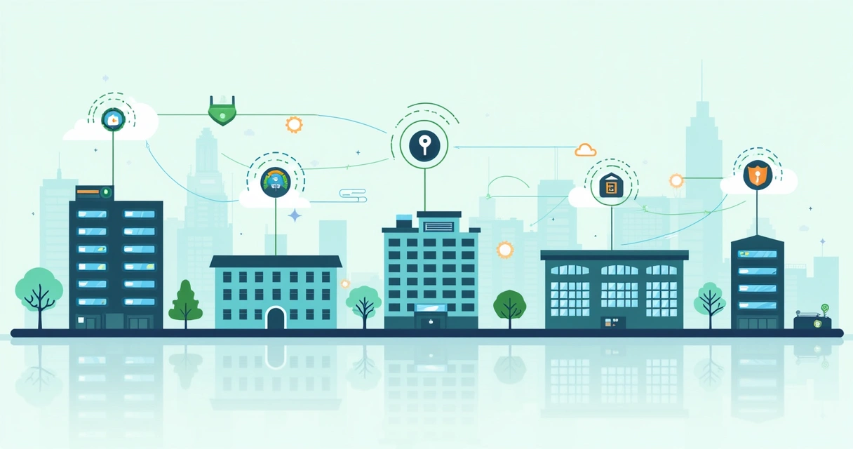 Ilustração da cadeia de fornecedores digitais conectados com ícones de segurança, nuvem e cadeados 