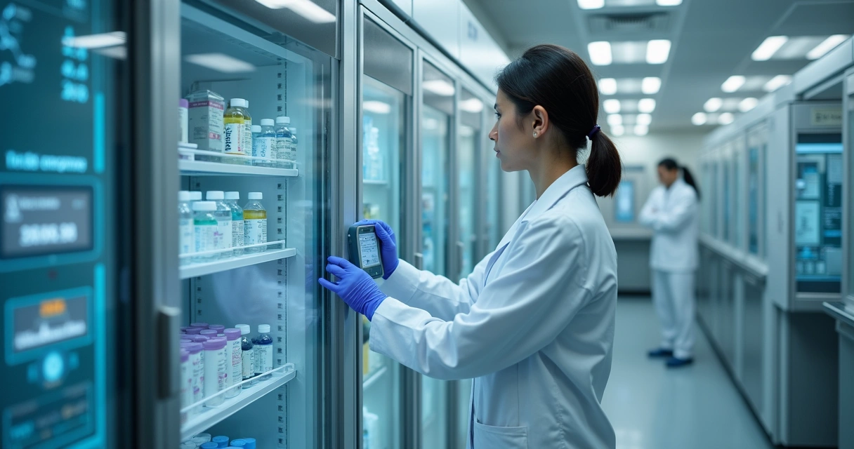 Funcionário ajustando monitor em laboratório com insumos refrigerados 