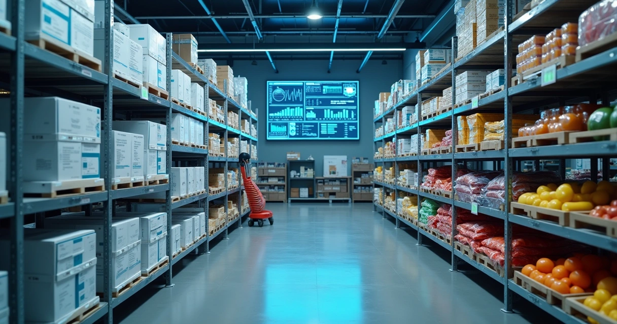 Câmara fria com diferentes produtos monitorados por sensores IoT 