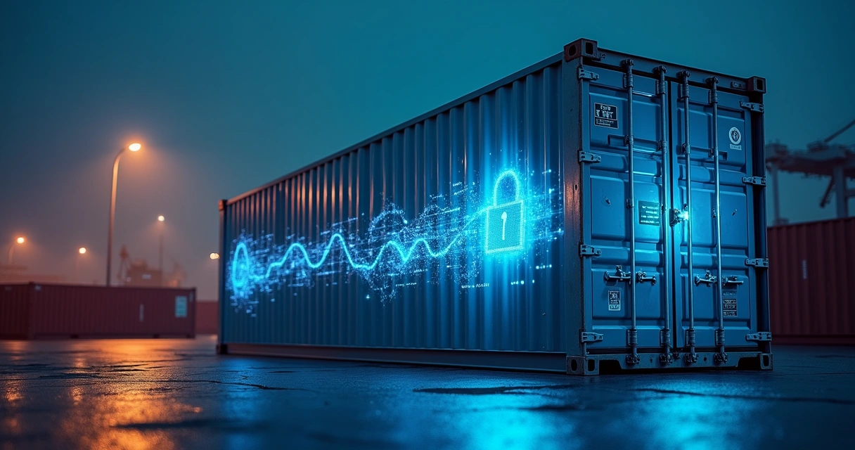 Container refrigerado com corrente de blocos digitais e ícones de IA conectados 