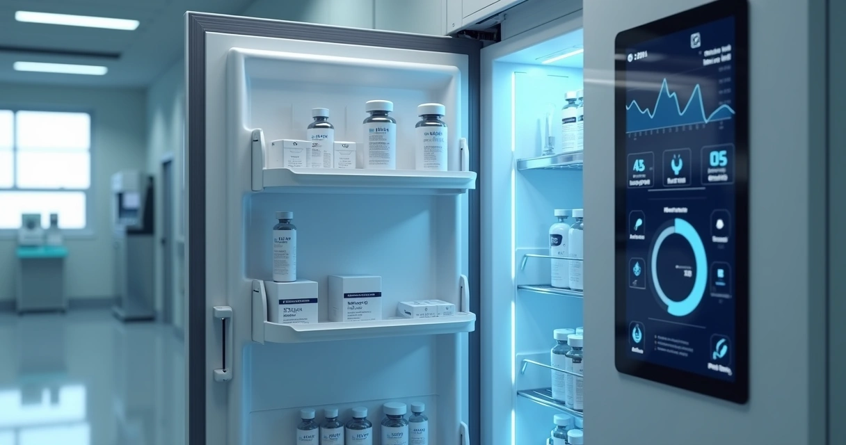 Medicamentos armazenados em refrigerador com sensores IoT visíveis e tela digital mostrando monitoramento da temperatura 