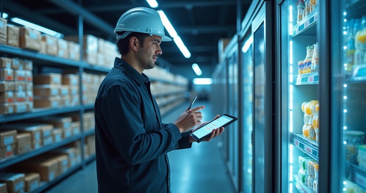 Gestor verificando temperatura de estoque refrigerado