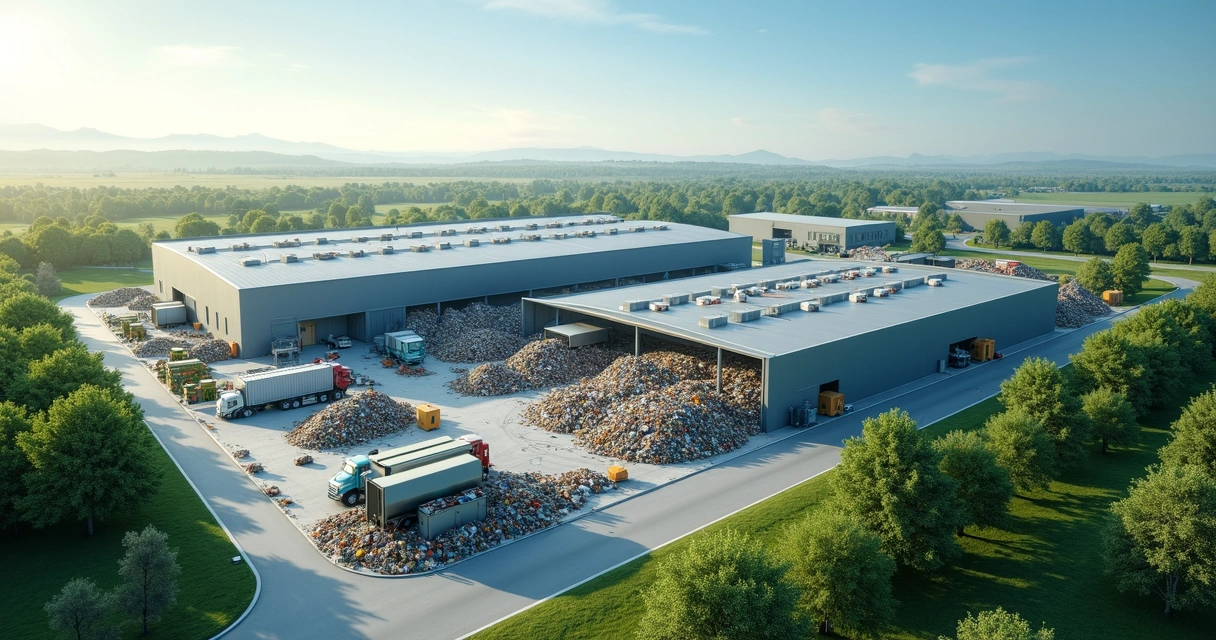 Vista aérea de uma cadeia produtiva de reciclagem com caminhões coletando resíduos, centro de triagem e operadores trabalhando com equipamentos modernos 