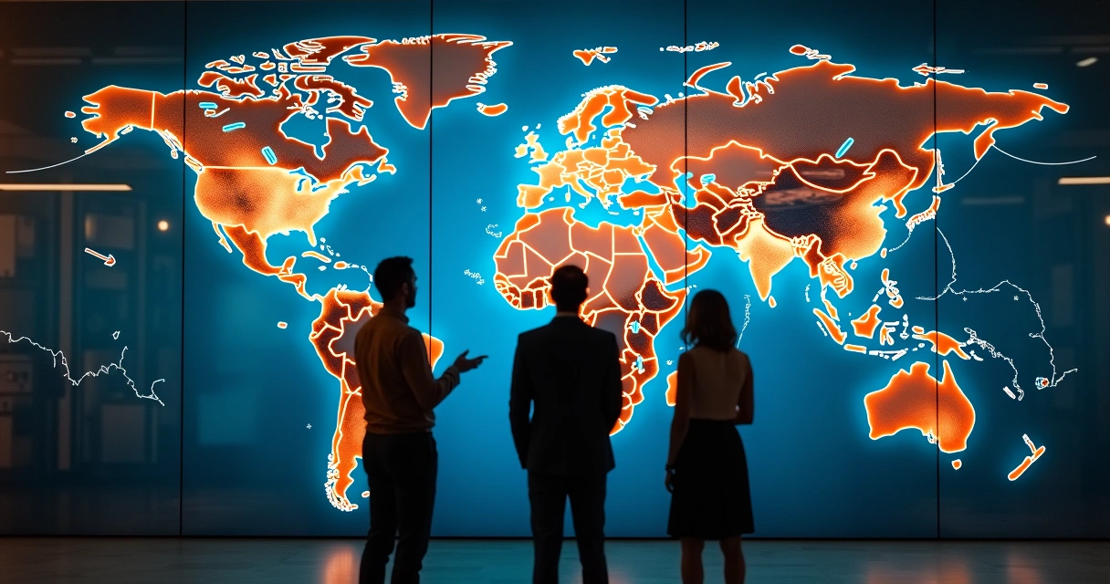 Mapa global com rotas comerciais e indicadores econômicos 