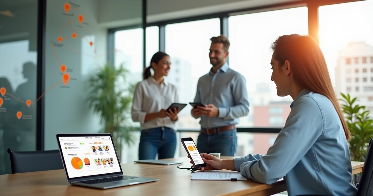 Rede de indicação entre profissionais de turismo em escritório moderno 