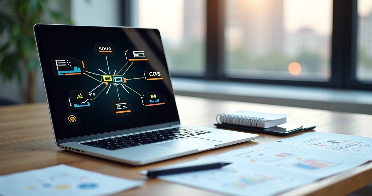 Mesa de trabalho com representação visual de link building em tela de notebook 