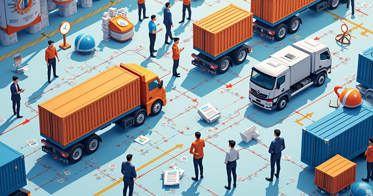 Fluxo logístico de importação com pessoas, containers, papéis e computadores conectados 