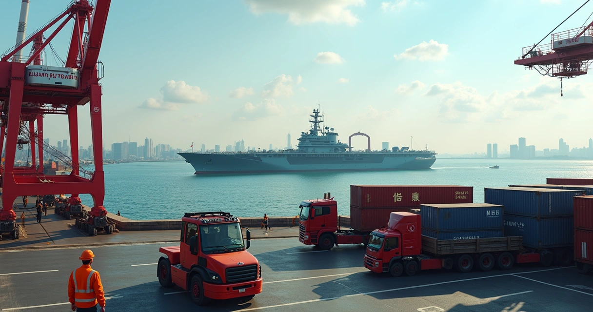 Porta-aviões Fujian ao fundo e trabalhadores transportando containers 
