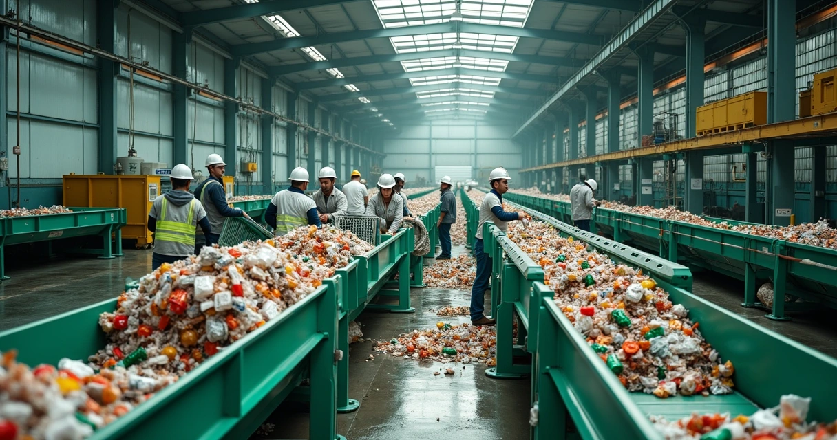 Equipamentos industriais de reciclagem em funcionamento com equipes operando e resíduos sendo processados