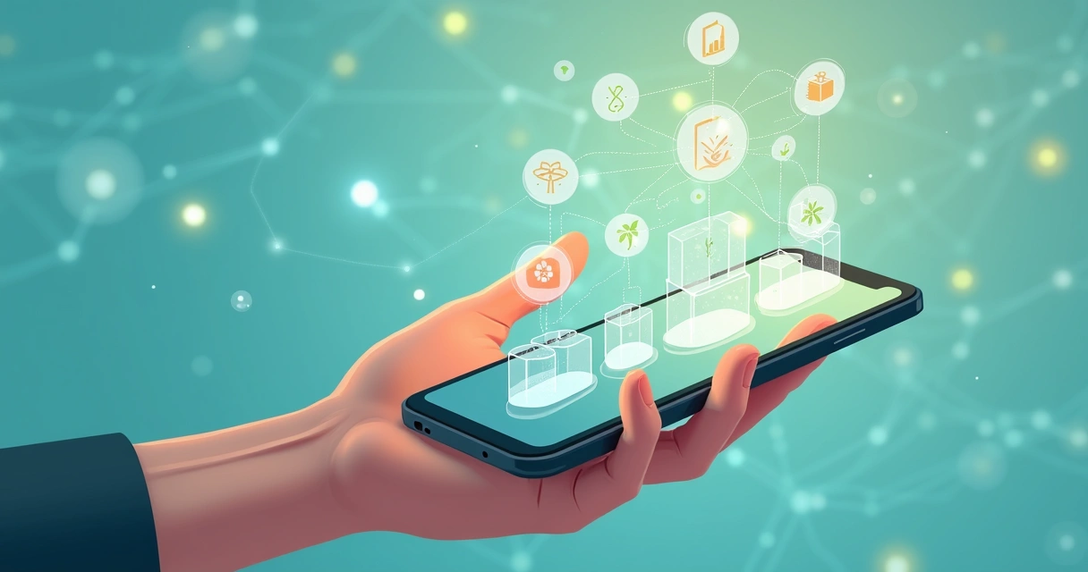 Mão segurando smartphone mostrando cadeia produtiva transparente 