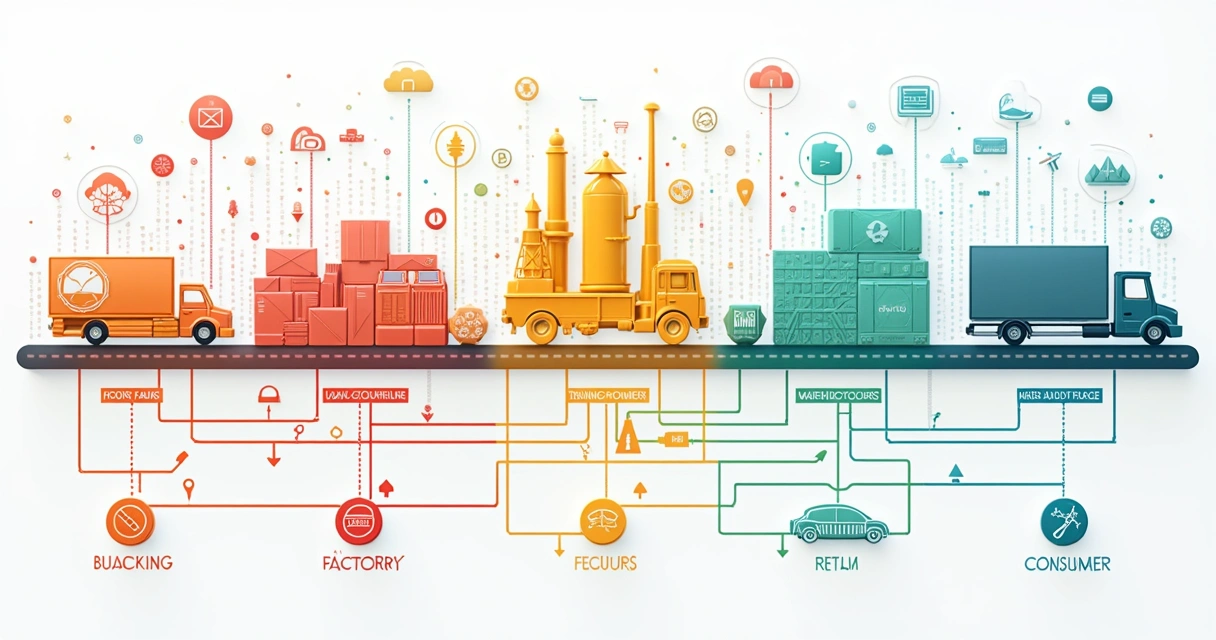 Gráfico detalhado da cadeia de produção de alimentos mostrando etapas conectadas por registros digitais