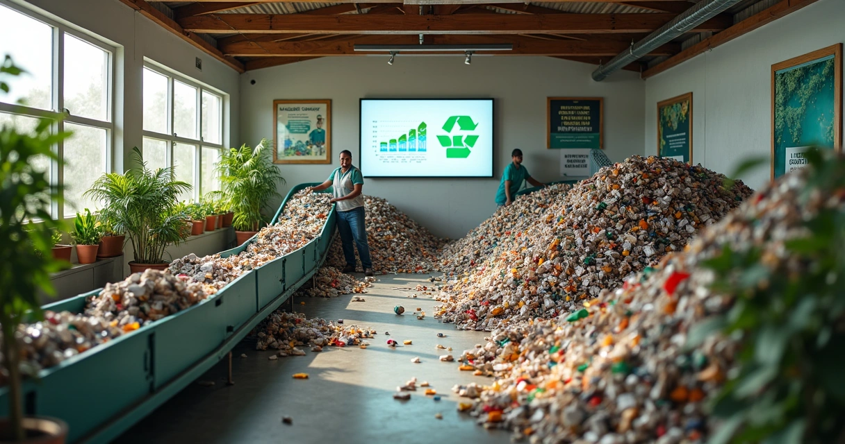 Vista de cooperativa de reciclagem com catadores trabalhando e máquinas de triagem 